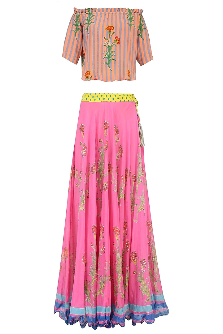 Light pink floral printed lehenga set with off shoulder blouse available only at Pernia's Pop Up Shop.