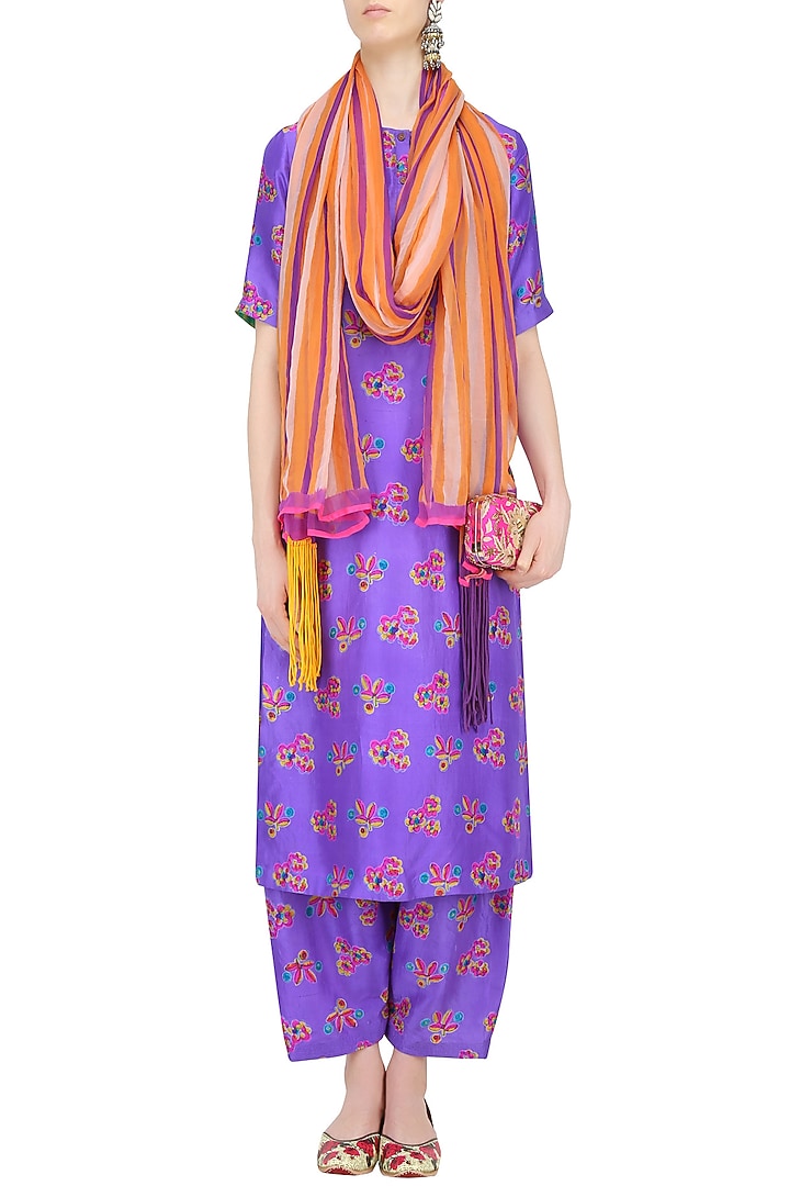 Purple floral printed kurta set with pleated pants available only at Pernia's Pop Up Shop.