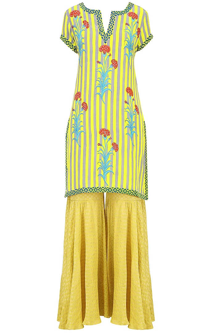 Lemon Yellow Striped Floral Printed Short Kurta Set with Sharara Pants by Anupamaa Dayal