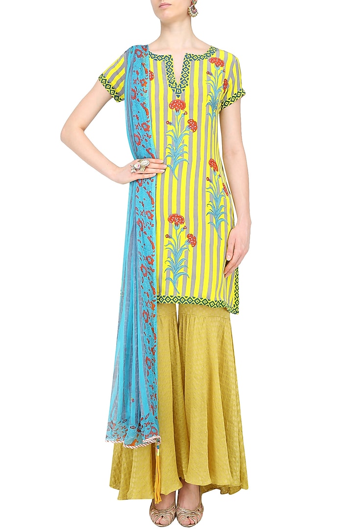 Lemon yellow striped floral printed short kurta set with sharara pants available only at Pernia's Pop Up Shop.