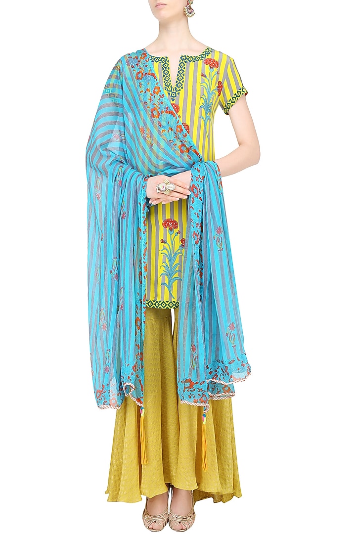 Lemon yellow striped floral printed short kurta set with sharara pants available only at Pernia's Pop Up Shop.
