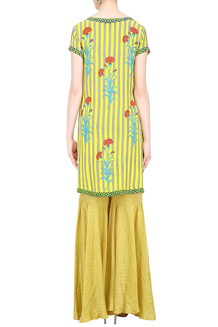 Lemon yellow striped floral printed short kurta set with sharara pants available only at Pernia's Pop Up Shop.