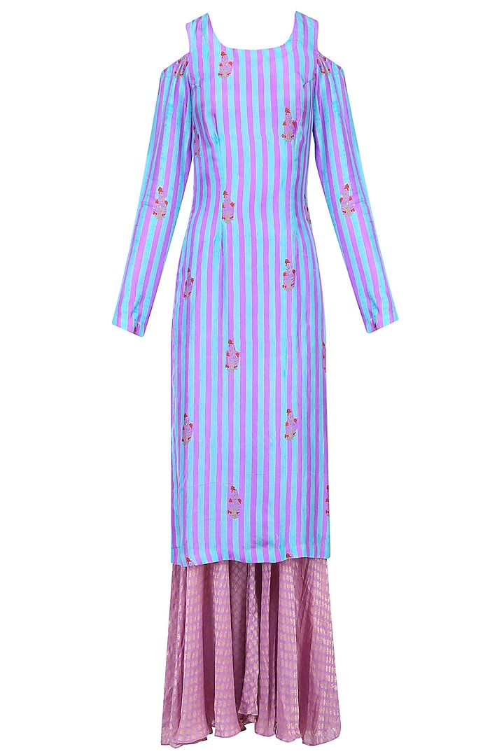 Purple Striped Cold Shoulder Kurta Set with Sharara Pants by Anupamaa Dayal