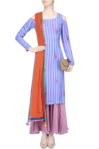 Purple Striped Cold Shoulder Kurta Set with Sharara Pants by Anupamaa Dayal