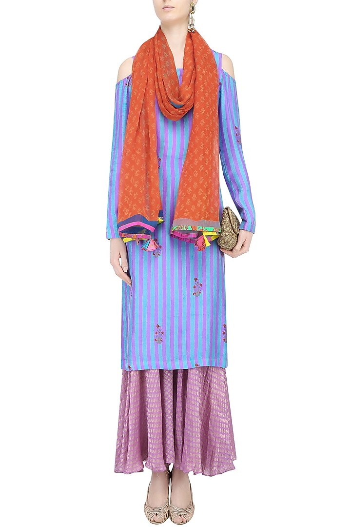Purple striped cold shoulder kurta set with sharara pants available only at Pernia's Pop Up Shop.