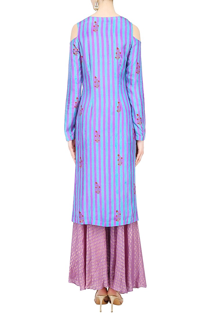 Purple striped cold shoulder kurta set with sharara pants available only at Pernia's Pop Up Shop.