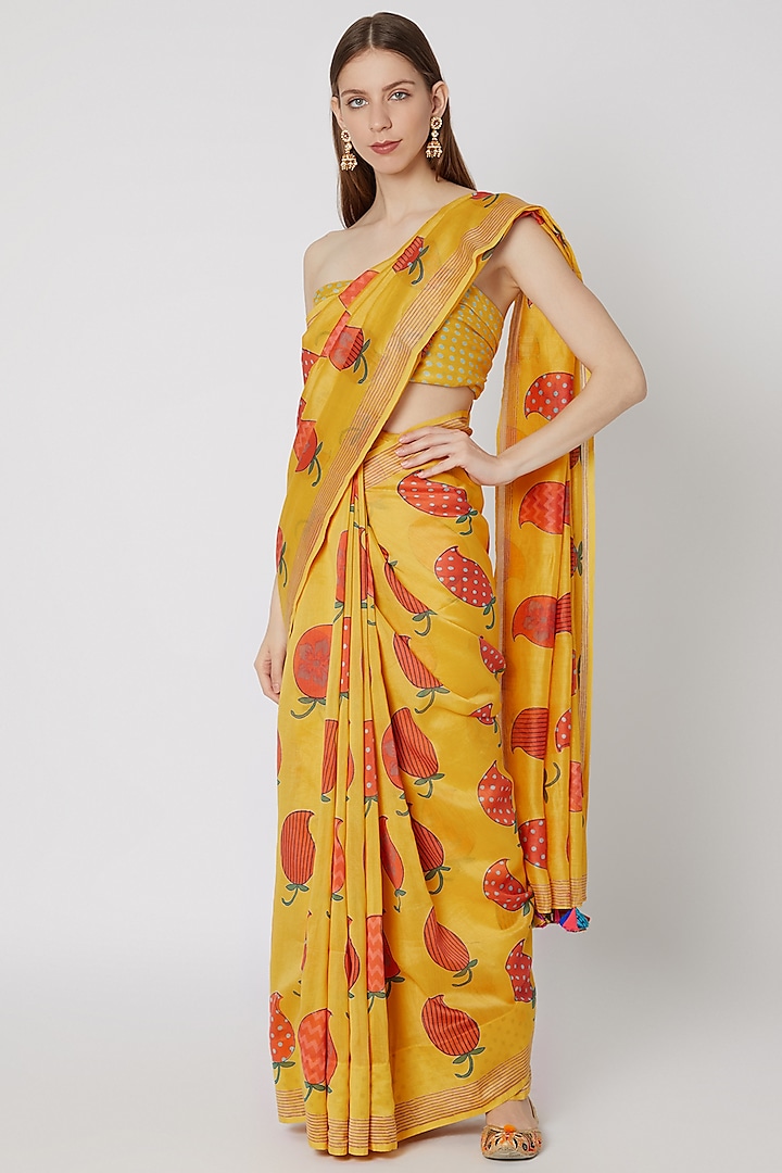 Yellow Printed Saree Set by Anupamaa Dayal