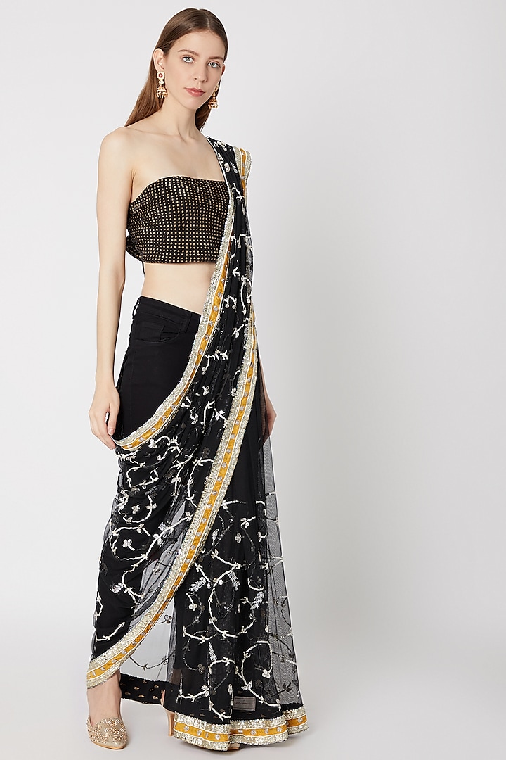 Black Printed & Embroidered Saree Set by Anupamaa Dayal
