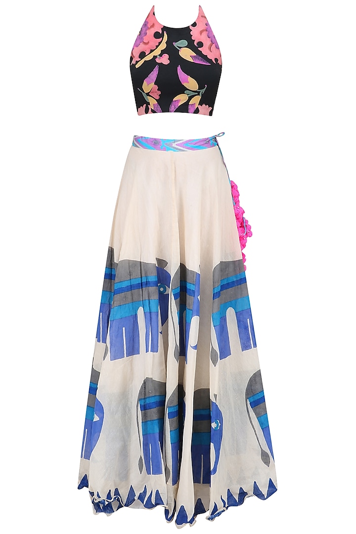 Black Crop Top with Off White Elephants Print Skirt Set by Anupamaa Dayal