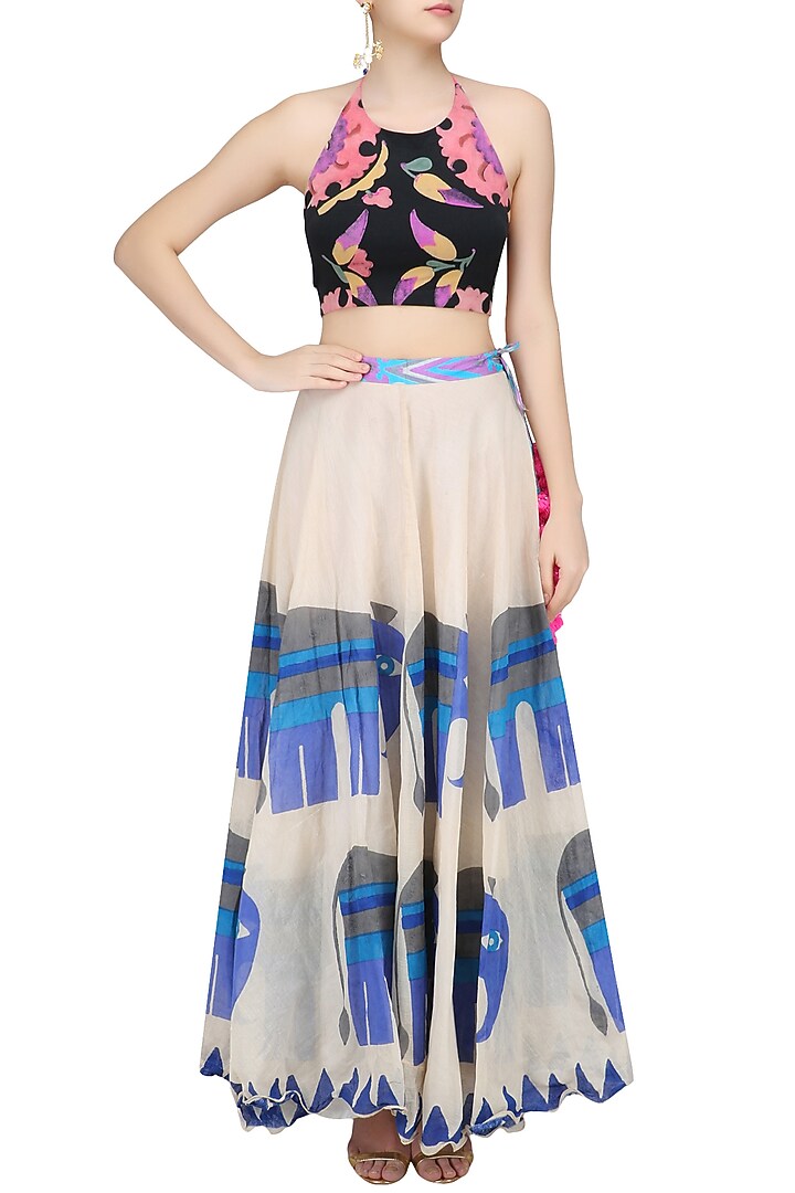 Black crop top with off white elephants print skirt set available only at Pernia's Pop Up Shop.