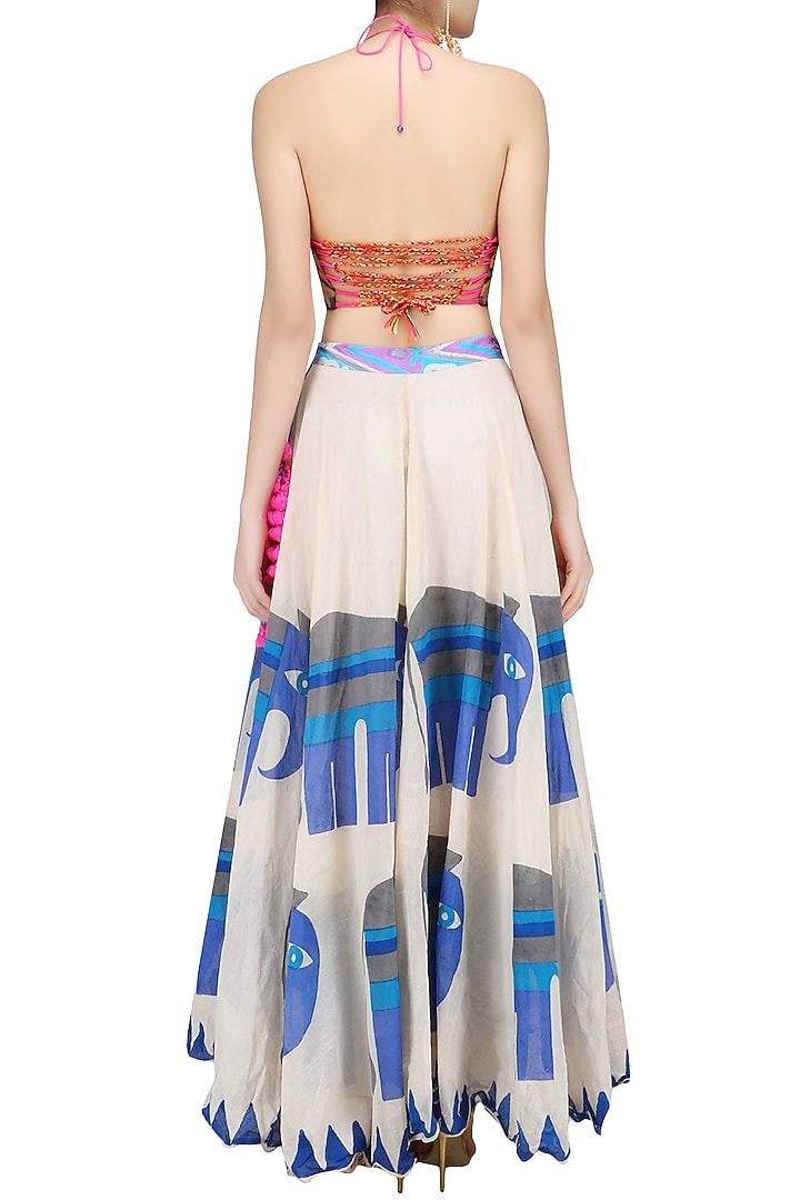 Black crop top with off white elephants print skirt set available only at Pernia's Pop Up Shop.