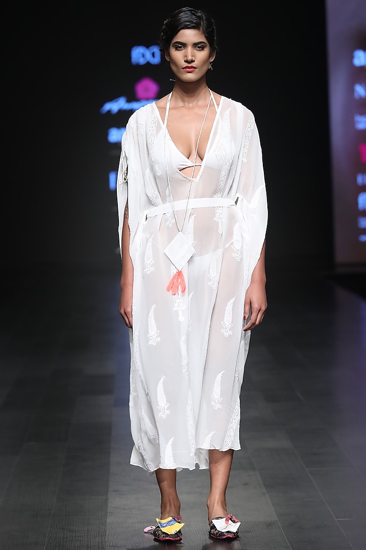White chikankari embroidered kaftan style midi dress available only at Pernia's Pop Up Shop.