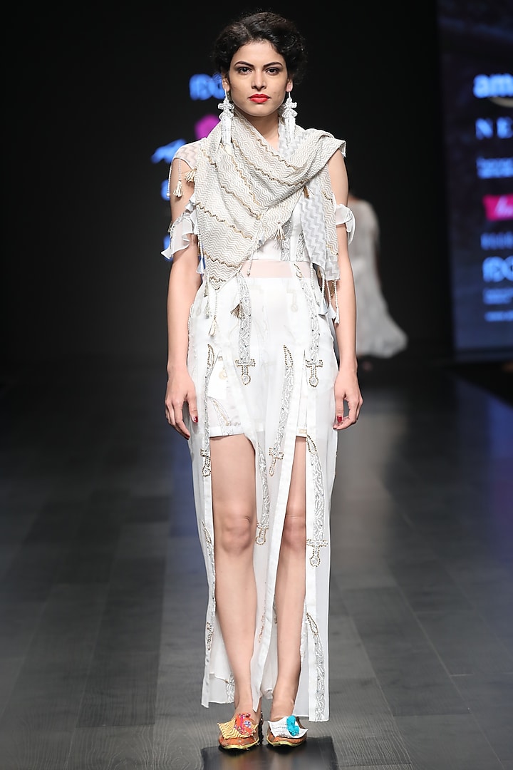 White Sequins Embroidered Maxi Dress And Scarf by Anupamaa Dayal