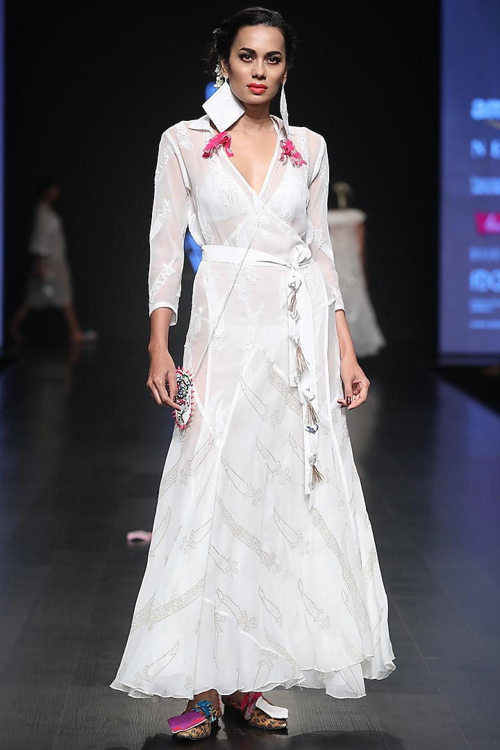 White Chikankari And Sequins Embroidered Wrap Maxi Dress by Anupamaa Dayal