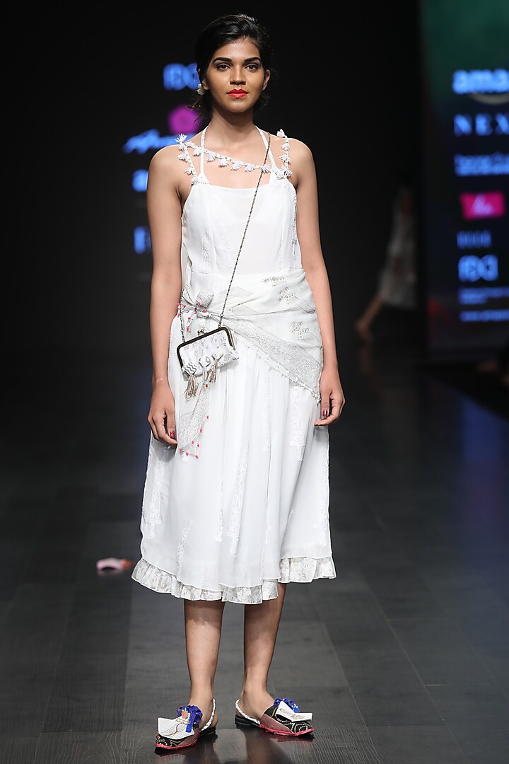 White tassel embellished strappy midi dress and scarf available only at Pernia's Pop Up Shop.