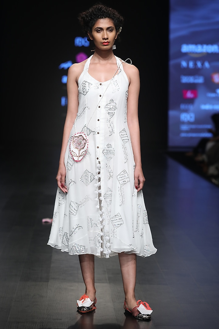 White sequins embroidered front open midi dress available only at Pernia's Pop Up Shop.