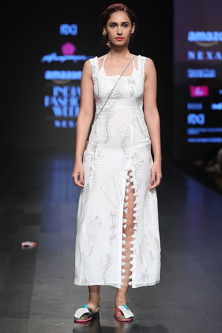 White Sequins And Tassel Embellished Maxi Dress by Anupamaa Dayal