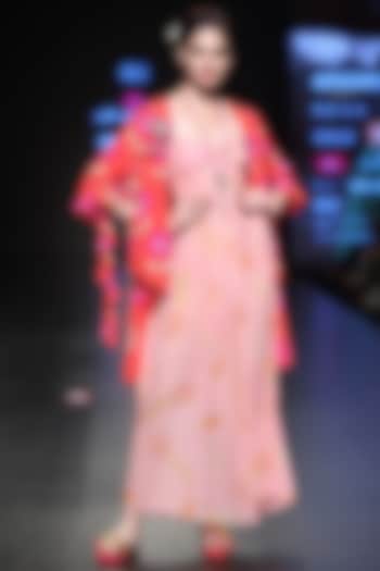 Pink Off Shoulder Printed Maxi Dress And Red Asymmetrical Overlayer by Anupamaa Dayal