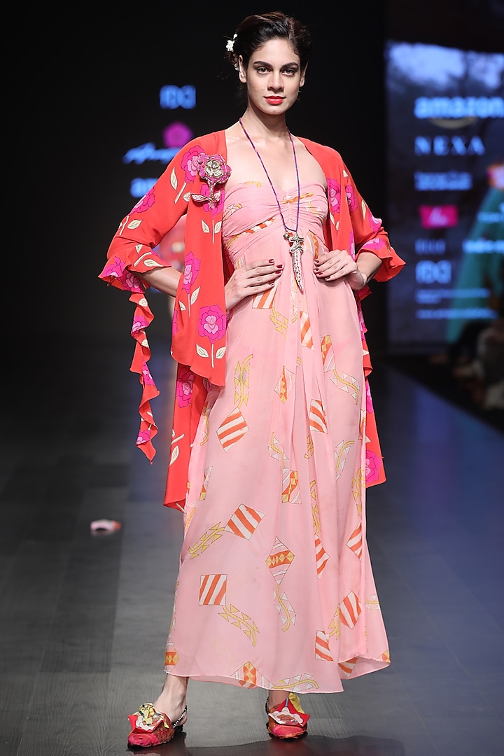 Pink Off Shoulder Printed Maxi Dress And Red Asymmetrical Overlayer by Anupamaa Dayal
