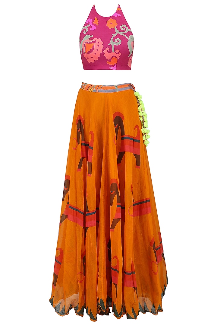 Pink Floral Printed Crop Top and Orange Skirt Set by Anupamaa Dayal