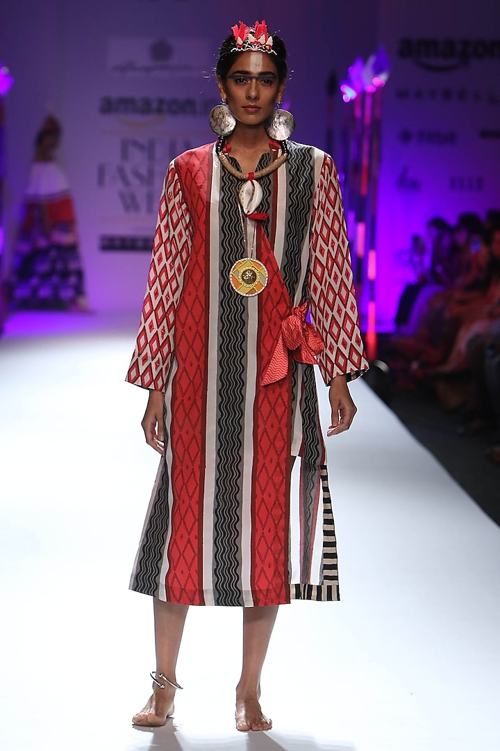 Red diamond and stripes printed wrap dress by Anupamaa Dayal