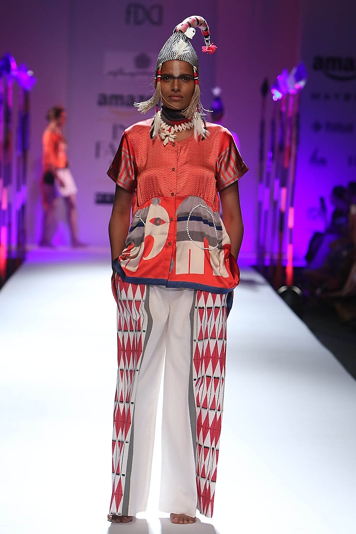 Red stripes and elephant printed button down shirt by Anupamaa Dayal
