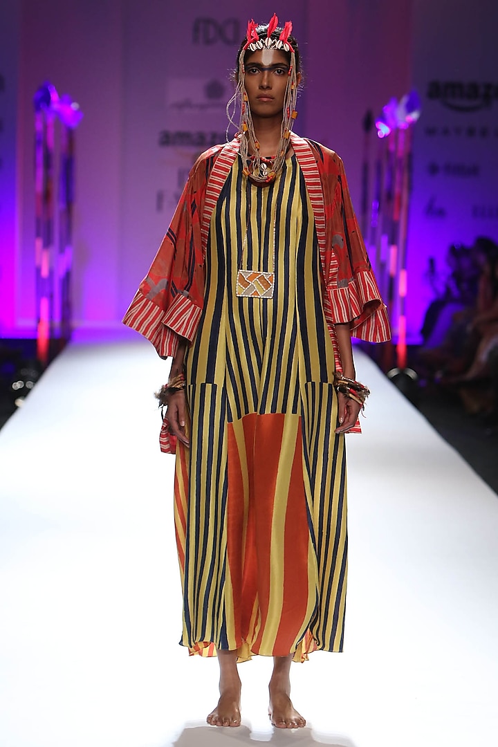 Yellow, black and orange stripes print long maxi dress by Anupamaa Dayal