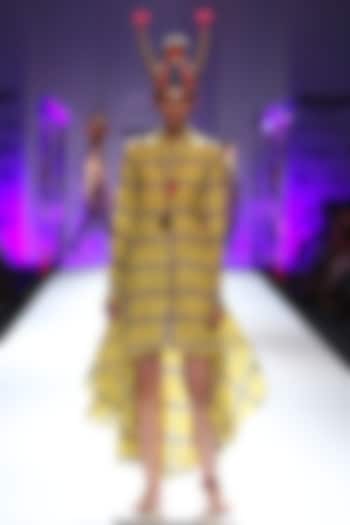 Lemon and grey checkered print asymmetric shirt dress by Anupamaa Dayal