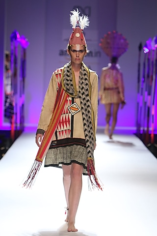 Yellow, red and black drum and zigzag print knee length dress by Anupamaa Dayal