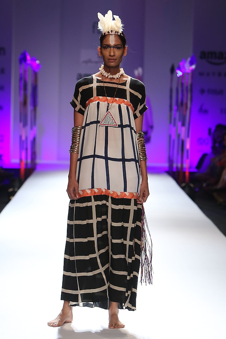 White, blue and black tiered dress by Anupamaa Dayal