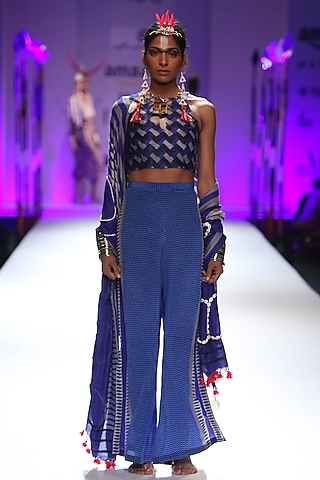 Ultra marine blue chevron stripes printed crop, pants and odhni set by Anupamaa Dayal