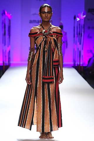 Black, orange and white striped off shoulder long dress by Anupamaa Dayal