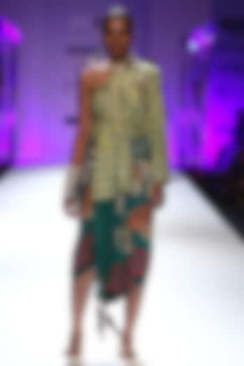 Bottle green, yellow and off white geometric print 3 sleeves shirt and sarong set available only at Pernia's Pop Up Shop.