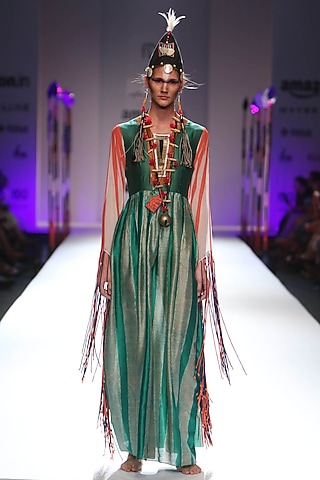 Emerald green and golden wave panelled maxi dress by Anupamaa Dayal