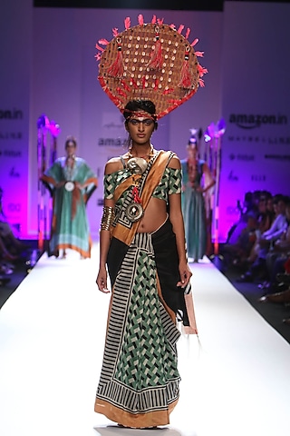 Black, green and white geometric print saree by Anupamaa Dayal