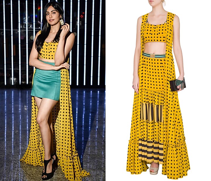 Yellow Polka Dot Bustier With Skirt & Cape by Nitya Bajaj at Pernia's Pop Up Shop