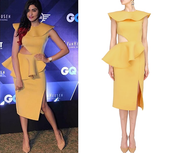 Honey yellow cutout overlay peplum dress available only at Pernia's Pop Up Shop.