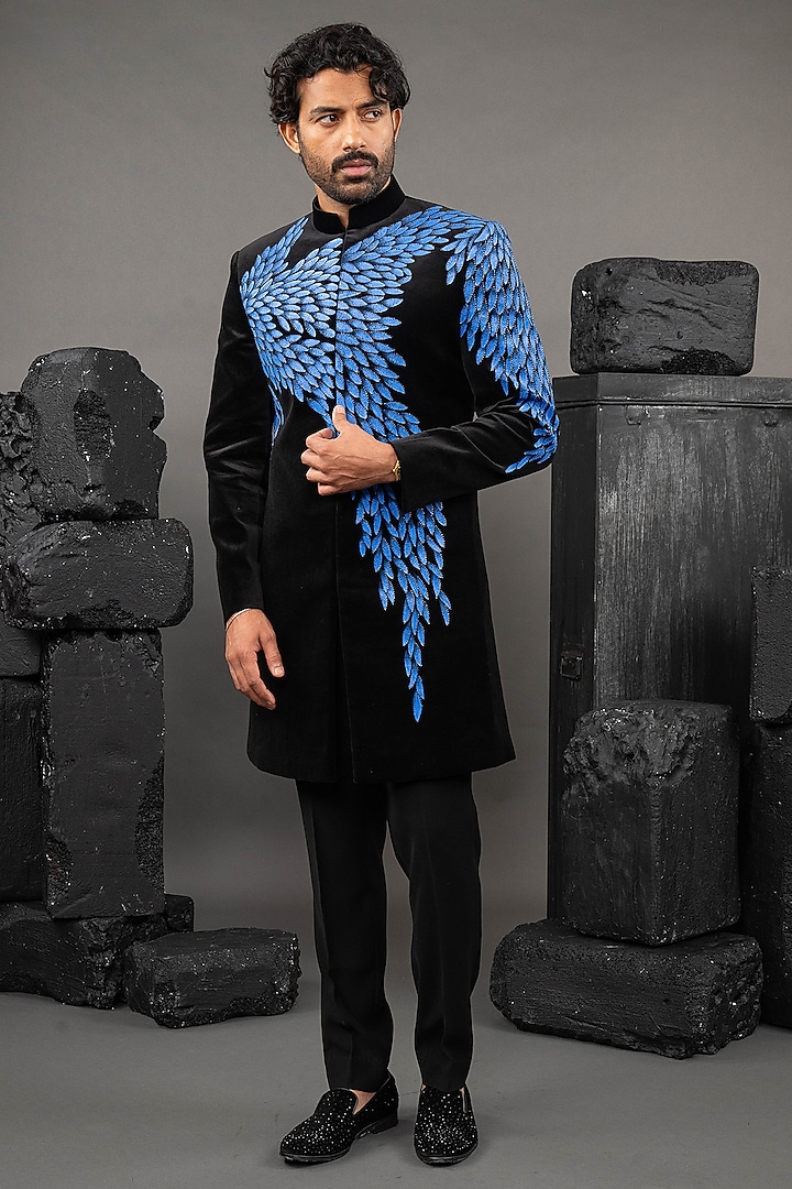 Black Velvet Handpainted Groom Indowestern Set by ADANI at Pernia's Pop Up Shop