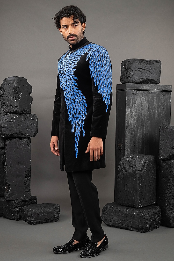 Black Velvet Handpainted Groom Indowestern Set by ADANI at Pernia's Pop Up Shop