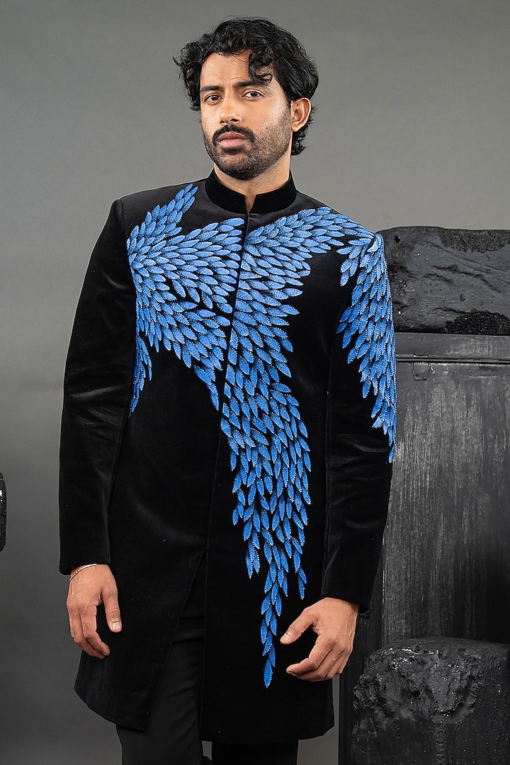 Black Velvet Handpainted Groom Indowestern Set by ADANI at Pernia's Pop Up Shop