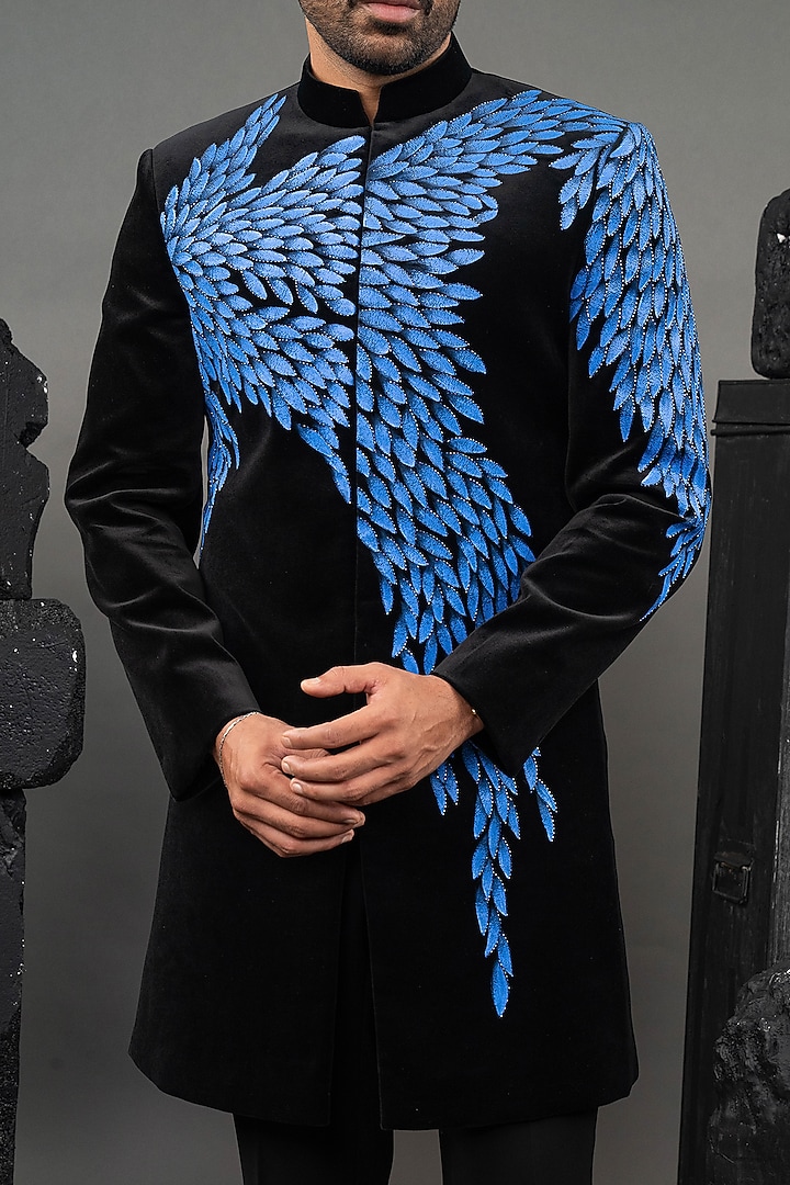 Black Velvet Handpainted Groom Indowestern Set by ADANI at Pernia's Pop Up Shop