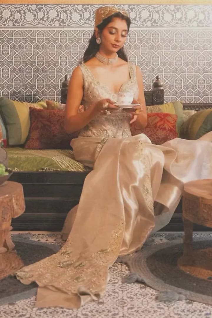 Pearl Gold Pure Tissue 3D Floral Embellished Draped Skirt Set by Aditi Gupta at Pernia's Pop Up Shop