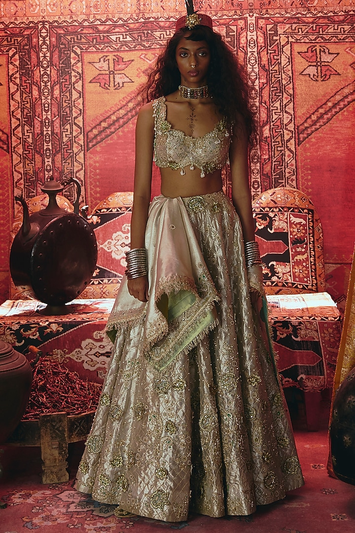 Pearl Gold Pure Tissue 3D Floral Embroidered Bridal Lehenga Set by Aditi Gupta at Pernia's Pop Up Shop
