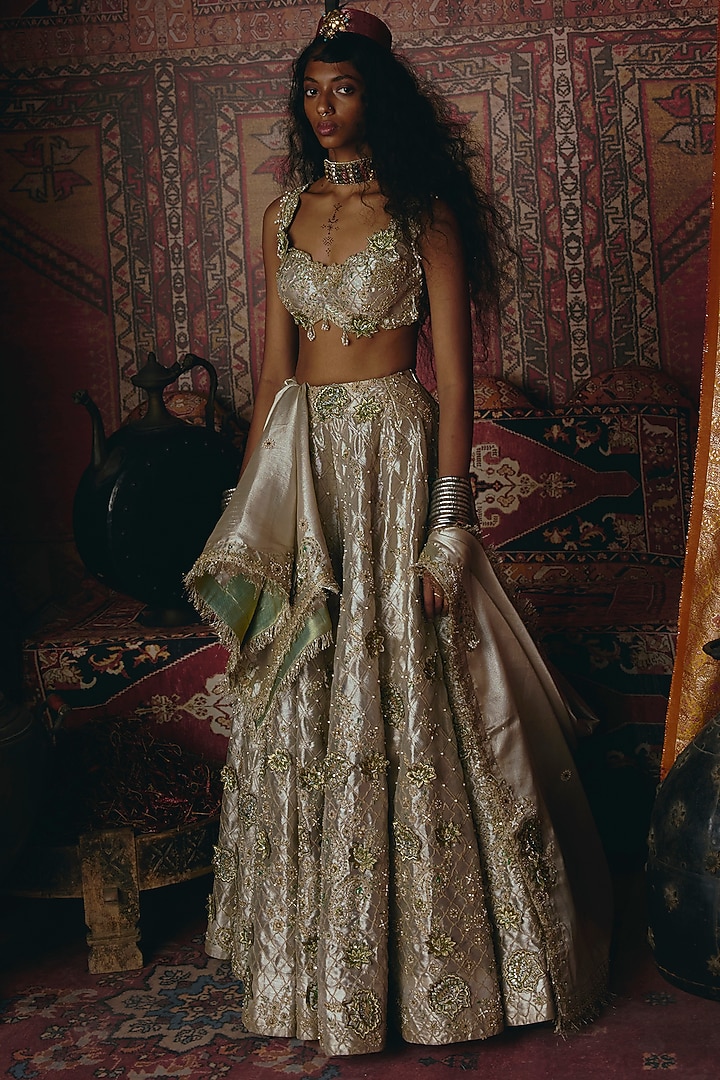Pearl Gold Pure Tissue 3D Floral Embroidered Bridal Lehenga Set by Aditi Gupta at Pernia's Pop Up Shop