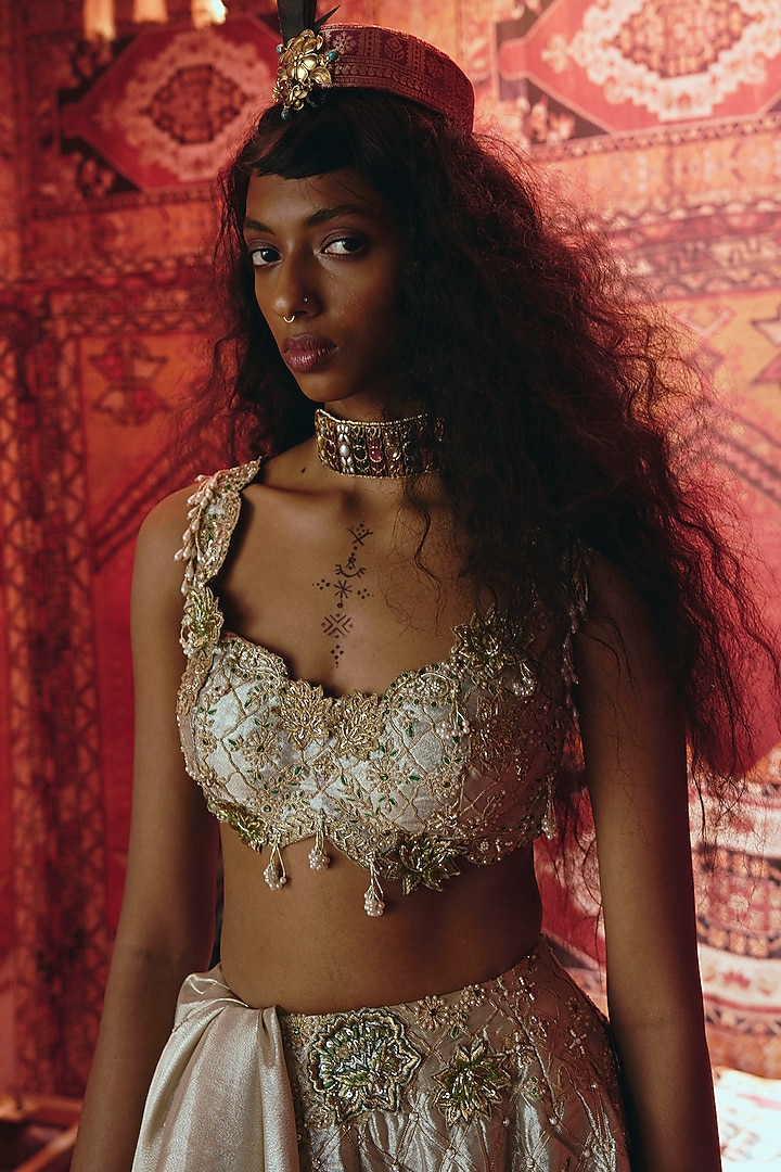 Pearl Gold Pure Tissue 3D Floral Embroidered Bridal Lehenga Set by Aditi Gupta at Pernia's Pop Up Shop