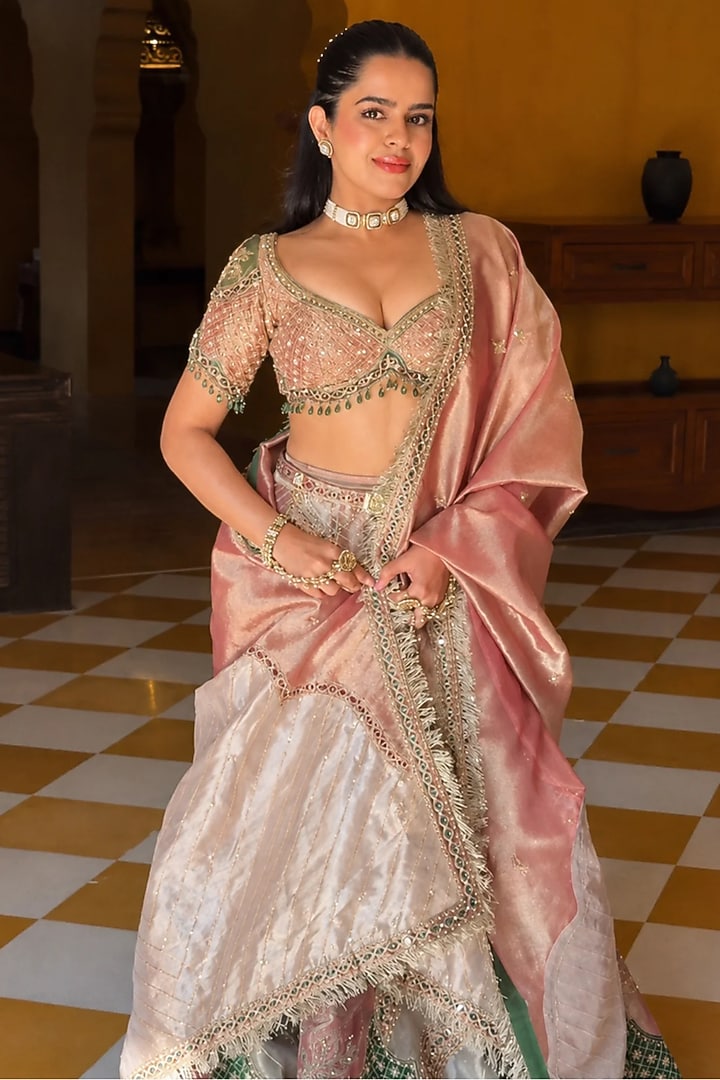 Multi-Colored Banarasi & Pure Tissue Floral Embroidered Bridal Lehenga Set by Aditi Gupta at Pernia's Pop Up Shop