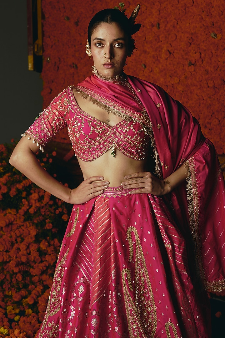 Pink & Peach Banarasi Silk Zardosi Embroidered Bridal Lehenga Set by Aditi Gupta at Pernia's Pop Up Shop