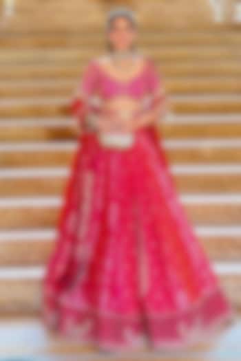 Hot Pink & Peach Banarasi Silk Zardosi Emrbroidered Bridal Lehenga Set by Aditi Gupta at Pernia's Pop Up Shop