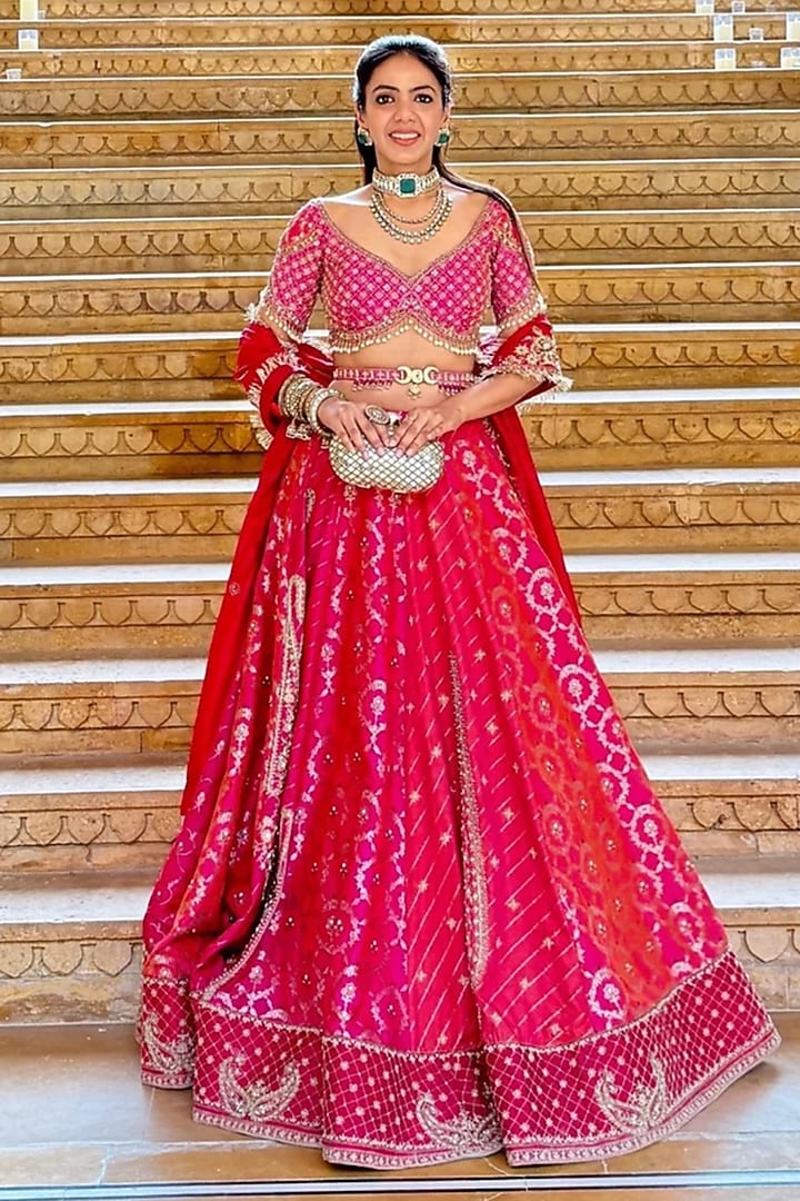 Hot Pink & Peach Banarasi Silk Zardosi Emrbroidered Bridal Lehenga Set by Aditi Gupta at Pernia's Pop Up Shop