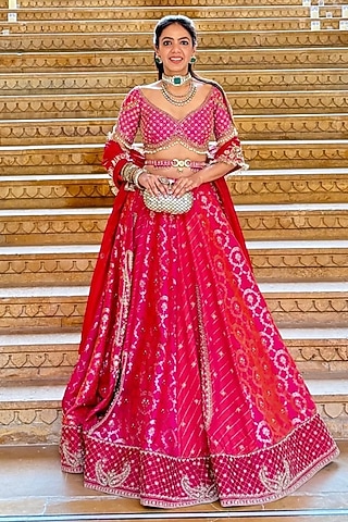 Hot Pink & Peach Banarasi Silk Zardosi Emrbroidered Lehenga Set by Aditi Gupta